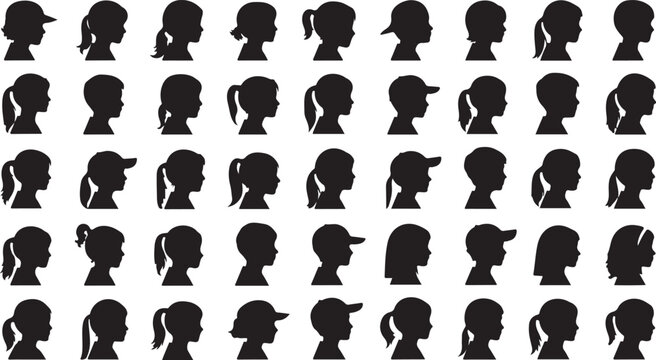 Diverse Silhouettes of Children's Heads in Profile View
