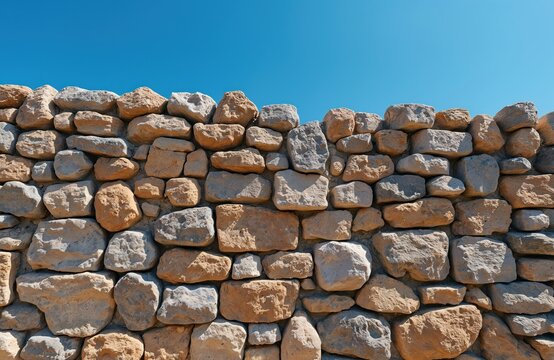 Rough stone wall built with natural rocks stands against clear blue sky. Old masonry structure provides textured surface. Solid rock wall creates rustic background for outdoor scene. Ancient