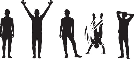 Silhouettes of Men in Various Poses: Standing, Arms Raised, Upside Down, Relaxed
