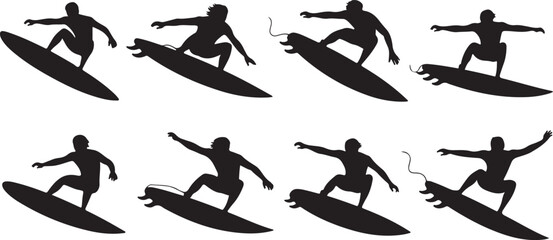 Silhouettes of Surfers Riding Waves in Dynamic Poses
