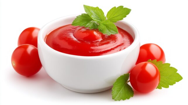 A white bowl filled with smooth tomato sauce sits in the center, surrounded by bright red cherry tomatoes. Fresh green leaves add a pop of color, creating an inviting culinary scene