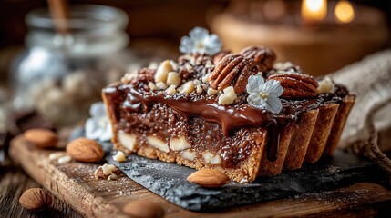 Chocolate tart with pecan nuts, almonds, and macadamia nuts