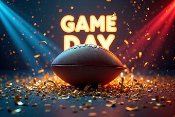 Game day celebration with football and gold confetti under vibrant lights