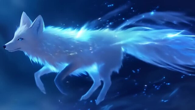 Animated white fox with flowing blue energy against dark background