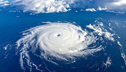 Aerial view of a swirling hurricane with a prominent eye surrounded by thick, white clouds over a dark blue ocean