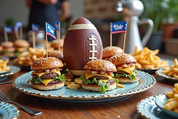 Football-themed party with mini burgers and fries on decorative plates