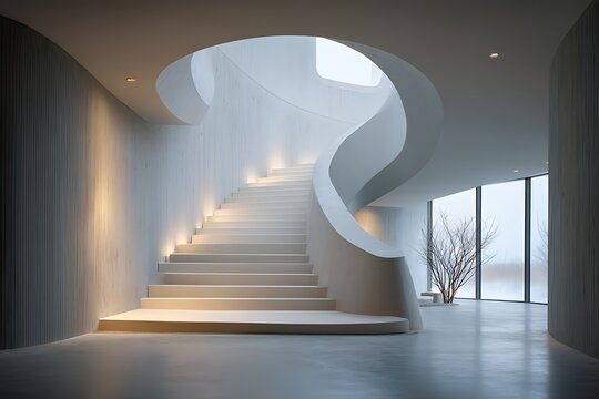 A photo of a minimalistic interior staircase perfectly aligned with clean lines and modern architectural balance.