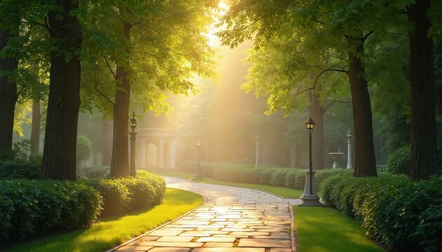 Golden sun illuminates green trees, winding stone pathway in misty garden. Decorative lamps line park avenue leading to distant white gazebo structure. Peaceful morning light creates serene