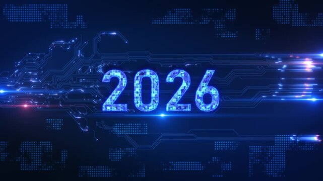 Glowing neon line word new year 2026 background. industry 5.0 revolution future technology new year beginning, happy celebration, festival, new life, growth business, investment, finance, innovation.