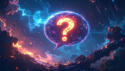 Glowing question mark in bubble above an alien landscape with dramatic lighting and stylized celestial trails