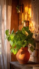 Rustic Terracotta Pot With Green Plant By Window