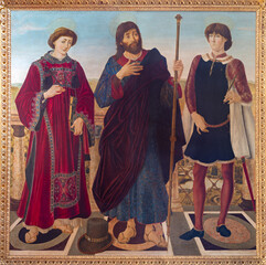 Florence - The renaissance painting of saints Vincent, James the Lees and Eustachius in church San Miniato al Monte by Antonio del Pollaiolo and Piero del Pollaiolo (1466-1468).