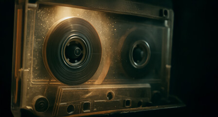 Close-up of an old cassette tape illuminated by warm, dusty light, highlighting its spinning reels and transparent housing to evoke a nostalgic, analog atmosphere with cinematic detail.