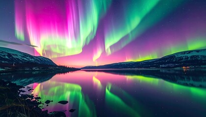 Vibrant aurora borealis over a calm lake reflecting the colorful sky. Silhouetted mountains line the horizon