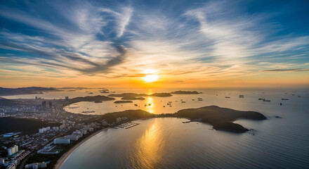 Aerial View Coastal City Ocean Sunset Copy Space