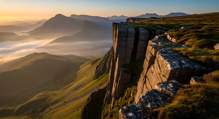Mountain Landscape Fog Inversion Cliffs Golden Sunrise Copy Space