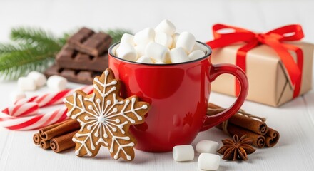 Christmas Hot Chocolate with Gingerbread Cookie and Marshmallows image stock