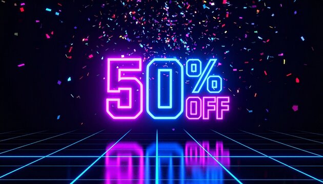 Neon “50% OFF” text with confetti on retro grid background