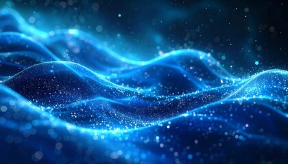 Wavy, ethereal blue surface with sparkling dust, like energy fields or abstract fluid dynamics, soft bokeh in background