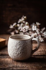 Detailed View Of Elegant Light Brown Ceramic Mug On Rustic Wooden Table With