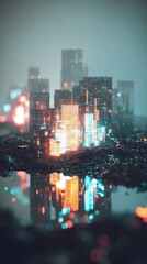 Glowing Futuristic Cityscape At Night With Reflections