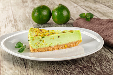 Green pistachio cheesecake served mint