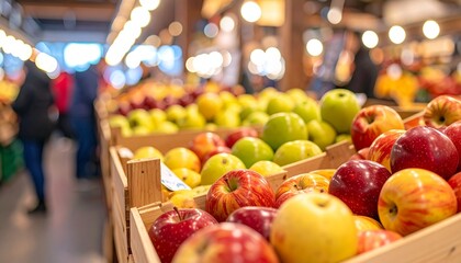 Colorful apples in wooden crates at market with blurred shoppers in warm lighting