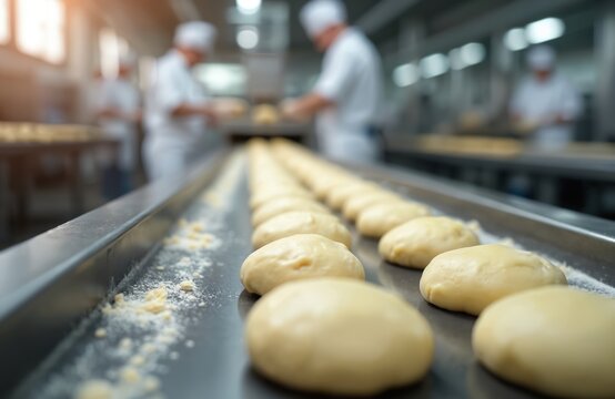 Raw dough rounds move on automated conveyor belt in commercial bakery. Bakers work in background of food production line. These uncooked buns are ready for baking in modern food factory.
