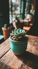 Teal Potted Succulent On Wooden Table