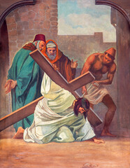 Sebechleby - The painting  Jesus fall under the cross  as part of Cross way stations in St. Michael parish church by unkonwn artist from beginn of 20. cent.