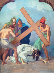 Sebechleby - The painting  Jesus fall under the cross  as part of Cross way stations in St. Michael parish church by unkonwn artist from beginn of 20. cent.