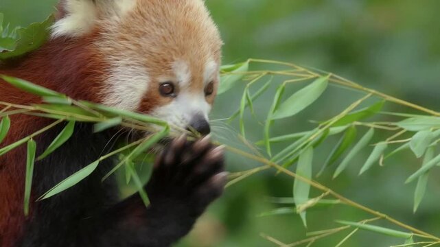 Red panda mammal in a tree eating bamboo is an endangered wildlife animal from Asia