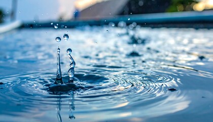 Water droplets splash in a pool, creating ripples and reflections in the blue water. Bokeh background