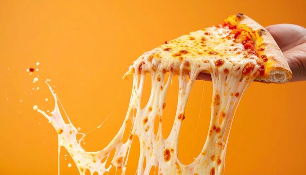Hand holding cheesy pizza slice on bright orange background