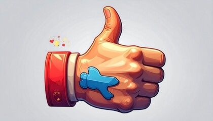 Stylized cartoon hand with a red cuff giving a thumbs up gesture on a gradient background