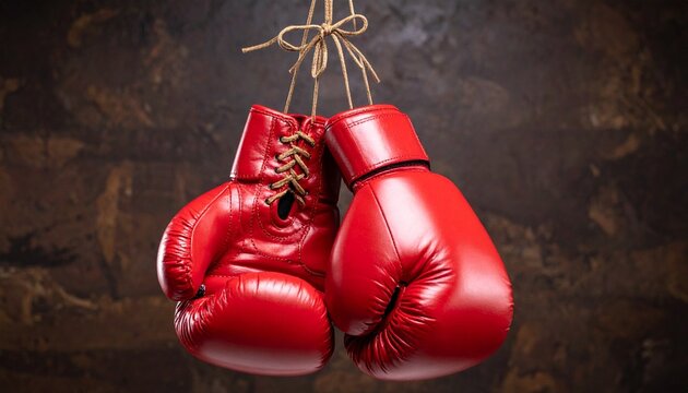 Red boxing gloves hanging by yellow laces on dark background