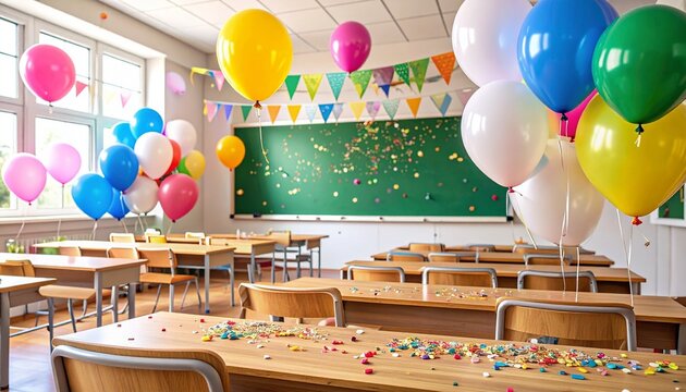 Decorated classroom with balloons and banners for celebration