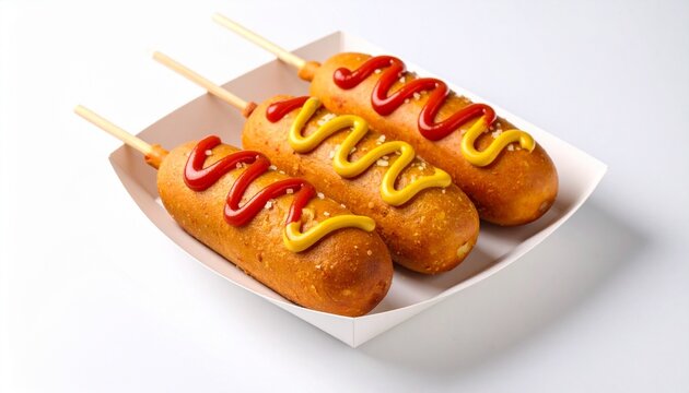 Corn dogs with mustard and ketchup in paper tray
