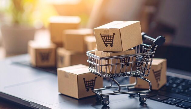 Mini shopping cart with boxes on laptop keyboard