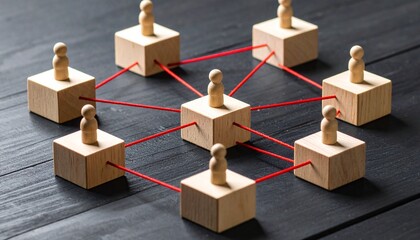 Wooden figurine network with red string connections