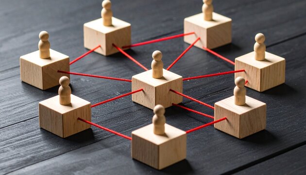 Wooden figurine network with red string connections