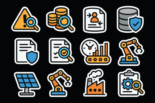 Colorful sticker icons depicting industrial, technology, and data security themes