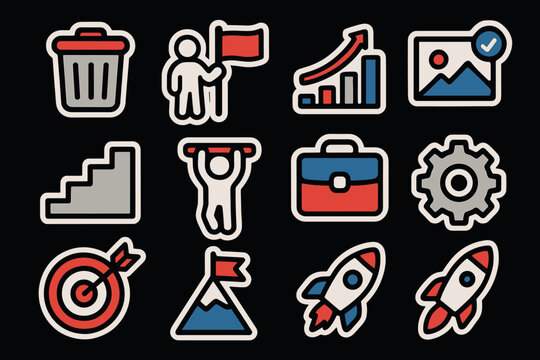 Vibrant business icons set with bold outline and colorful highlights on black background
