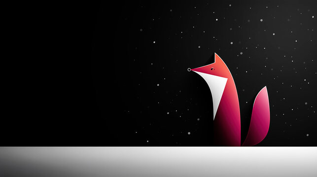 A cute, modern red fox sits in the snow under a starry night sky. Minimalist winter or Christmas graphic illustration with copy space.