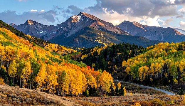 Mountain peak beyond vibrant autumn trees flanking a road, against a sky with cumulus clouds at golden hour