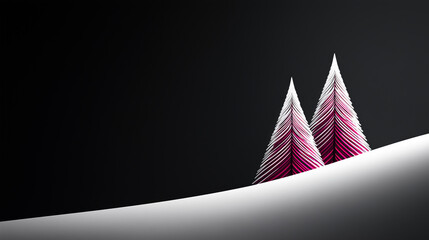 Modern abstract Christmas trees on a snowy hill. A minimalist and stylish winter holiday background in pink, white, and black with copy space.