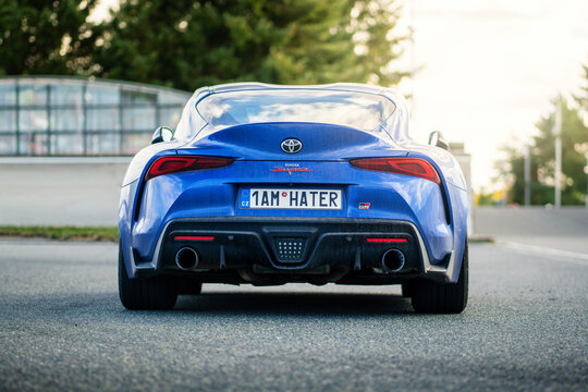 Brno, Czech Republic - October 10, 2025: Blue sports expensive Japanese car Toyota Supra. Rear view of a fast car parked on the street.