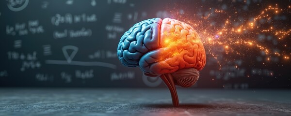 Abstract 3D brain model. Left hemisphere blue, right hemisphere orange with sparks. Mathematical equations visible on dark background. Represents cognition, intellect, and idea generation.