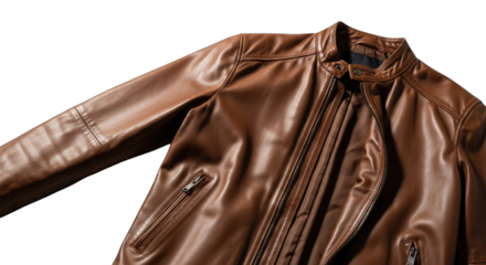 Close Up Of A Textured Brown Leather Jacket With Silver Zippers And A Standing Collar Against A Black Background Detailed Clothing Fashion Item