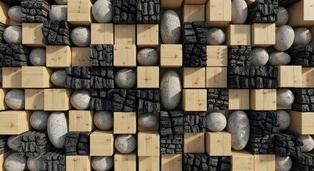 A geometric grid of light wood cubes dark charcoal blocks and textured grey stone spheres and ovals